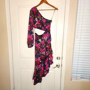 Dee Elly floral one shoulder asymmetric ruffle hem cut out dress- XS